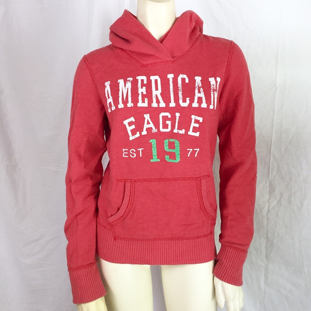 American Eagle salmon hoodie Y2K varsity graphic logo number thick front pocket